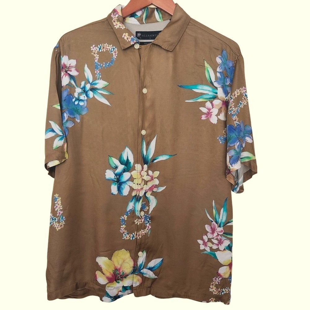 AllSaints Button Up Shirt Mens Size M Brown Floral Relaxed Fit Short Sleeve